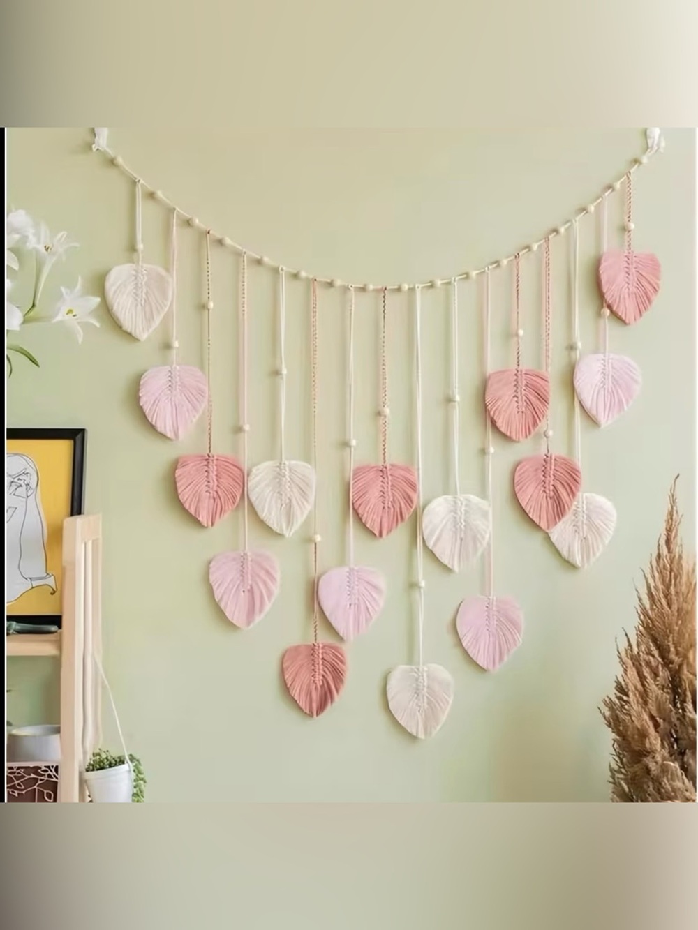 Handmade Macrame Leaf Garland - Pink & Cream